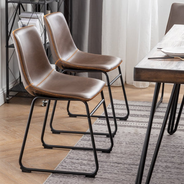 English Elm Aryven Industrial Dining Set Seats Six with Hairpin Legs and Faux Leather Chairs Antique Brown T2574S00135