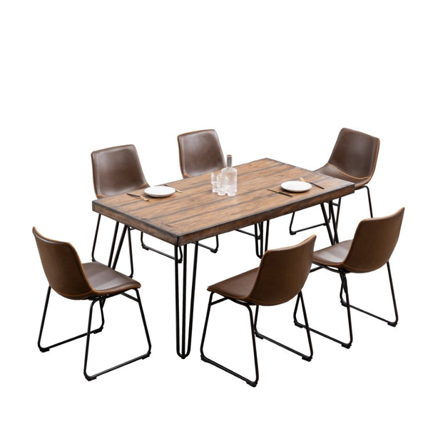 English Elm Aryven Industrial Dining Set Seats Six with Hairpin Legs and Faux Leather Chairs Antique Brown T2574S00135