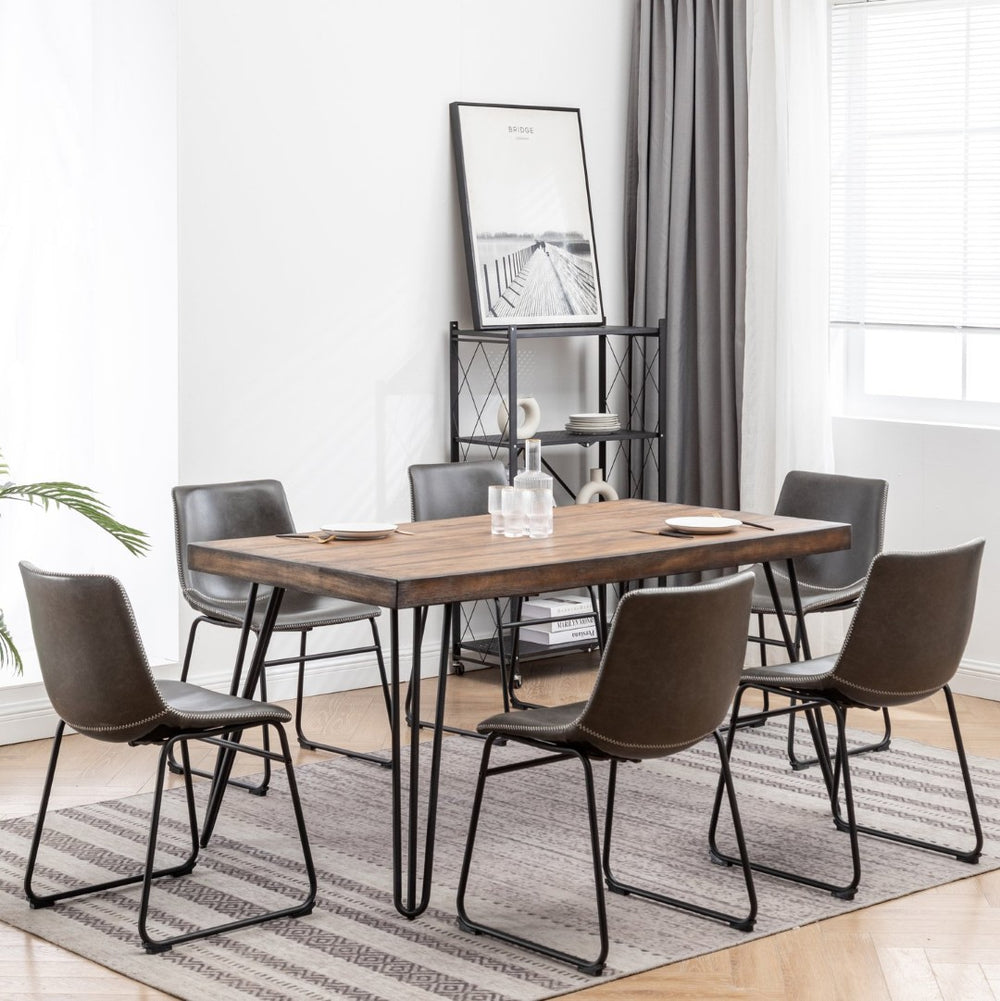 English Elm Aryven Industrial Dining Set Seats Six with Hairpin Legs and Faux Leather Chairs Antique Gray T2574S00136