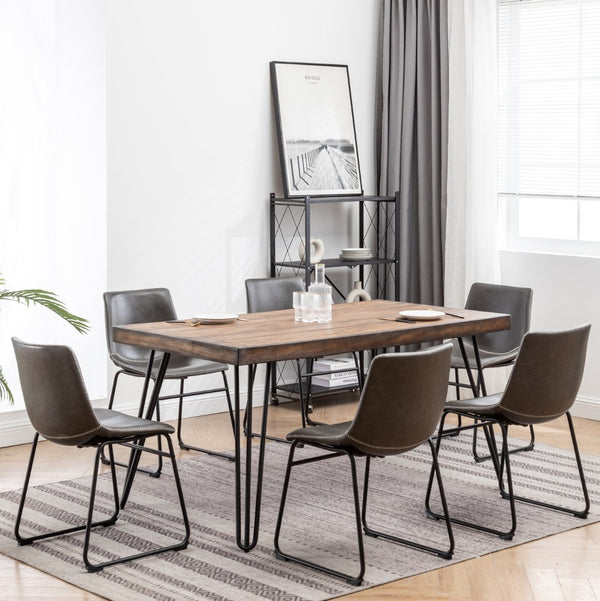English Elm Aryven Industrial Dining Set Seats Six with Hairpin Legs and Faux Leather Chairs Antique Gray T2574S00136