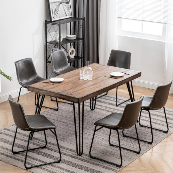 English Elm Aryven Industrial Dining Set Seats Six with Hairpin Legs and Faux Leather Chairs Antique Gray T2574S00136