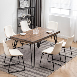 English Elm Aryven Industrial Dining Set Seats Six with Hairpin Legs and Faux Leather Chairs Antique White T2574S00137
