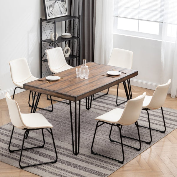 English Elm Aryven Industrial Dining Set Seats Six with Hairpin Legs and Faux Leather Chairs Antique White T2574S00137