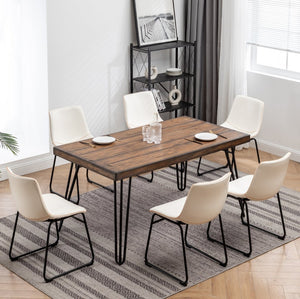 English Elm Aryven Industrial Dining Set Seats Six with Hairpin Legs and Faux Leather Chairs Antique White T2574S00137
