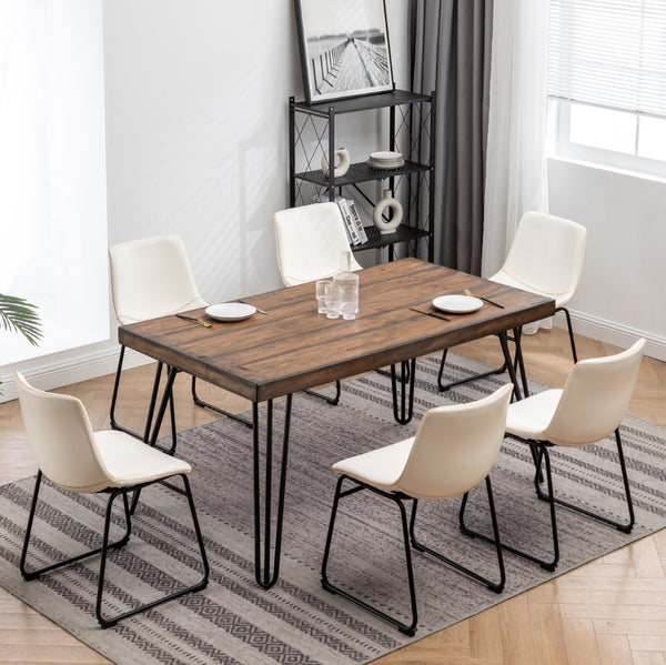 English Elm Aryven Industrial Dining Set Seats Six with Hairpin Legs and Faux Leather Chairs Antique White T2574S00137