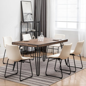 English Elm Aryven Industrial Dining Set Seats Six with Hairpin Legs and Faux Leather Chairs Antique White T2574S00137