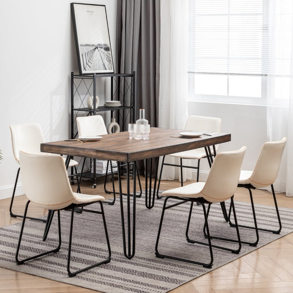 English Elm Aryven Industrial Dining Set Seats Six with Hairpin Legs and Faux Leather Chairs Antique White T2574S00137