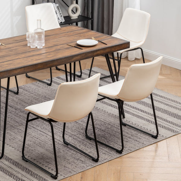 English Elm Aryven Industrial Dining Set Seats Six with Hairpin Legs and Faux Leather Chairs Antique White T2574S00137