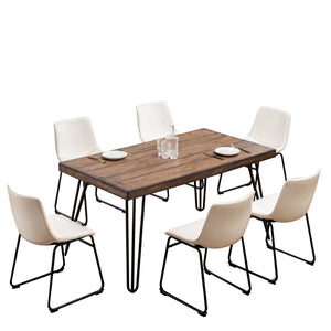 English Elm Aryven Industrial Dining Set Seats Six with Hairpin Legs and Faux Leather Chairs Antique White T2574S00137