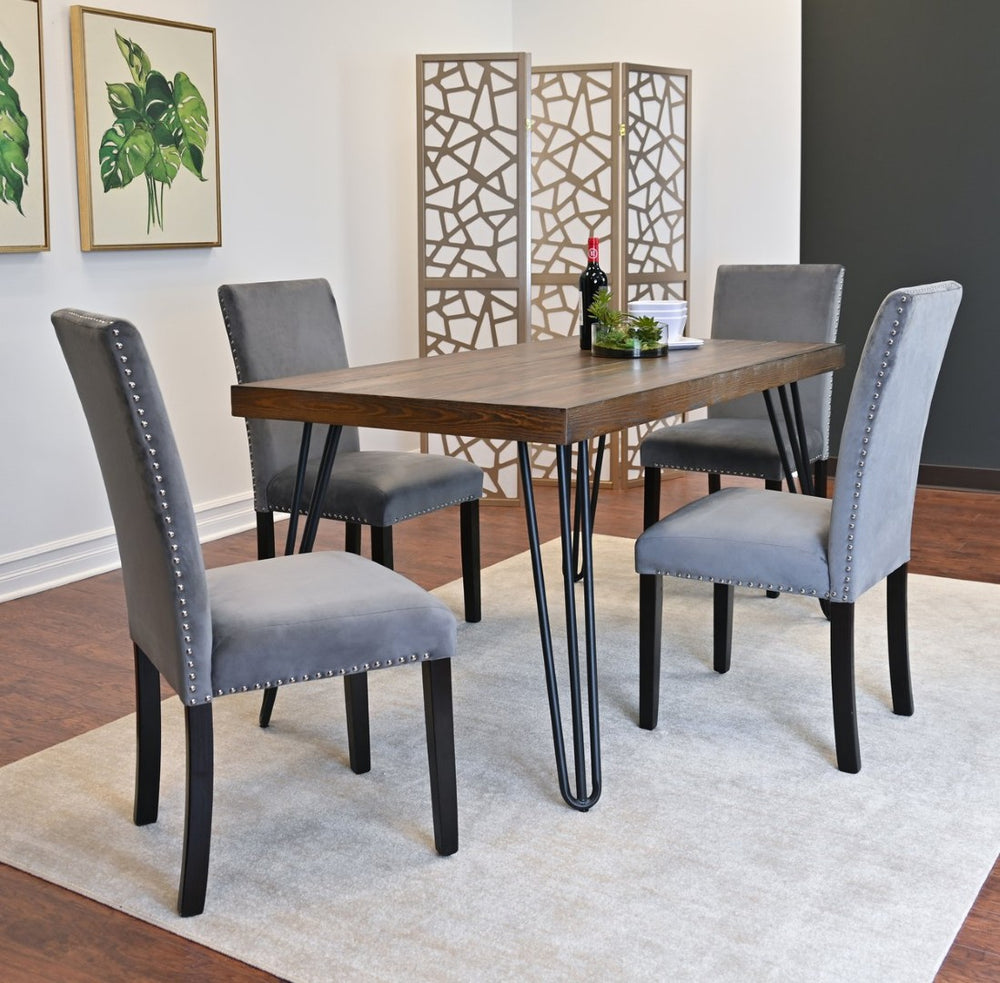 English Elm Ashzo Hairpin Dining Set Velvet Chairs Nailhead Trim Mid-century Style for Four Brown - B T2574S00140