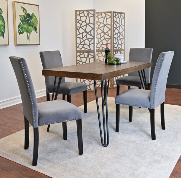 English Elm Ashzo Hairpin Dining Set Velvet Chairs Nailhead Trim Mid-century Style for Four Brown - B T2574S00140