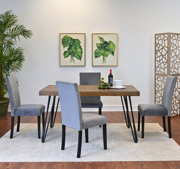 English Elm Ashzo Hairpin Dining Set Velvet Chairs Nailhead Trim Mid-century Style for Four Brown - B T2574S00140
