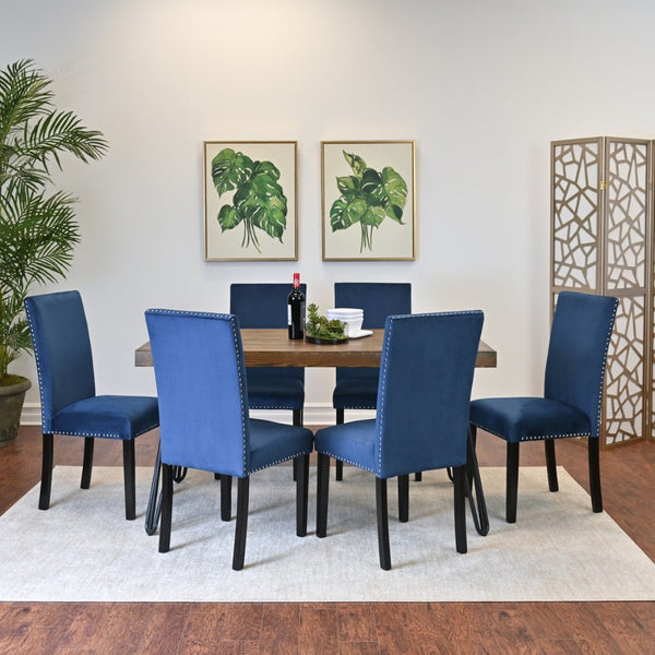 English Elm Ashzo Seven Piece Dining Set Hairpin Table Velvet Chairs Industrial Rustic Style Brown - A T2574S00142