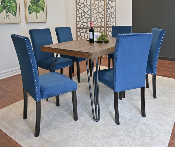 English Elm Ashzo Seven Piece Dining Set Hairpin Table Velvet Chairs Industrial Rustic Style Brown - A T2574S00142