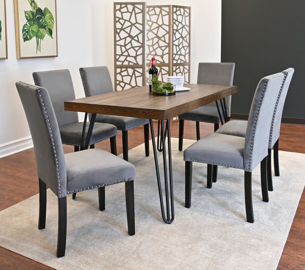 English Elm Ashzo Seven Piece Dining Set Hairpin Table Velvet Chairs Industrial Rustic Style Brown - B T2574S00143
