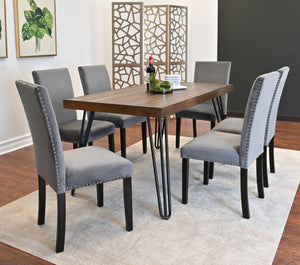 English Elm Ashzo Seven Piece Dining Set Hairpin Table Velvet Chairs Industrial Rustic Style Brown - B T2574S00143