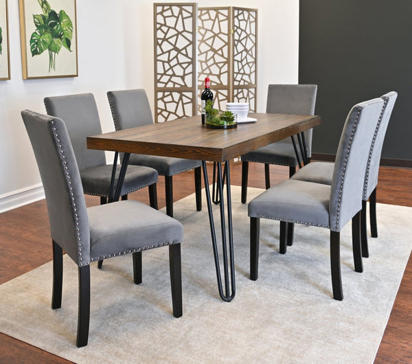 English Elm Ashzo Seven Piece Dining Set Hairpin Table Velvet Chairs Industrial Rustic Style Brown - B T2574S00143