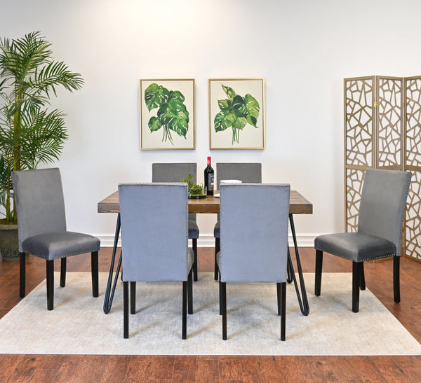English Elm Ashzo Seven Piece Dining Set Hairpin Table Velvet Chairs Industrial Rustic Style Brown - B T2574S00143