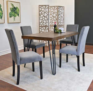 English Elm Ashzo Seven Piece Dining Set Hairpin Table Velvet Chairs Industrial Rustic Style Brown - B T2574S00143