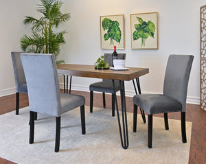 English Elm Ashzo Seven Piece Dining Set Hairpin Table Velvet Chairs Industrial Rustic Style Brown - B T2574S00143