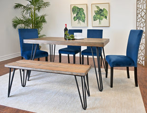 English Elm Ashzo Six Piece Dining Set Hairpin Table Velvet Chairs Bench Rustic Industrial Brown - A T2574S00145
