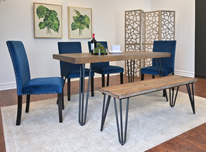 English Elm Ashzo Six Piece Dining Set Hairpin Table Velvet Chairs Bench Rustic Industrial Brown - A T2574S00145
