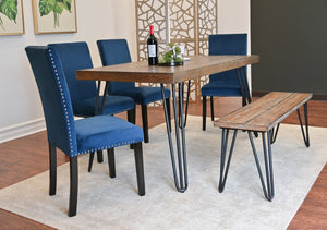 English Elm Ashzo Six Piece Dining Set Hairpin Table Velvet Chairs Bench Rustic Industrial Brown - A T2574S00145