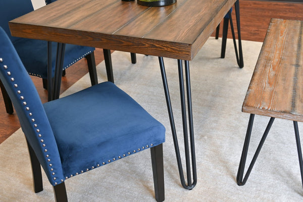 English Elm Ashzo Six Piece Dining Set Hairpin Table Velvet Chairs Bench Rustic Industrial Brown - A T2574S00145