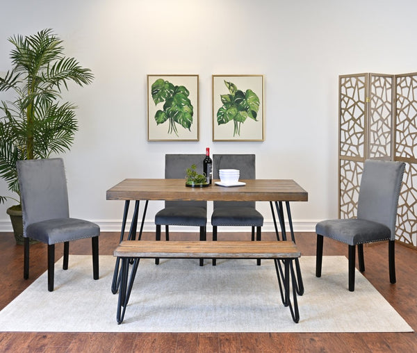 English Elm Ashzo Six Piece Dining Set Hairpin Table Velvet Chairs Bench Rustic Industrial Brown - B T2574S00146