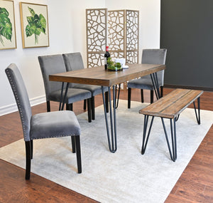 English Elm Ashzo Six Piece Dining Set Hairpin Table Velvet Chairs Bench Rustic Industrial Brown - B T2574S00146