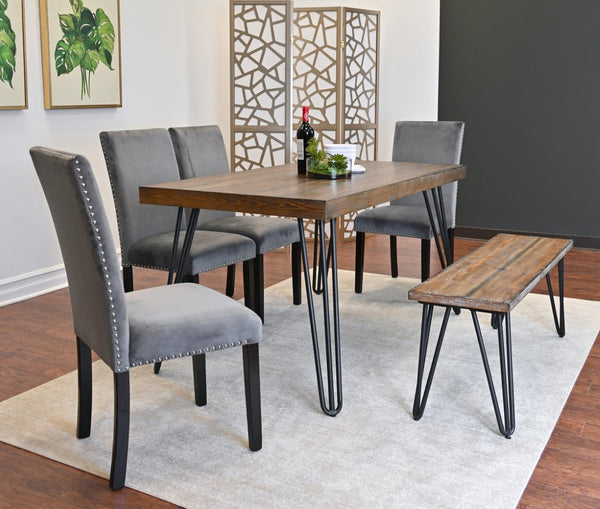 English Elm Ashzo Six Piece Dining Set Hairpin Table Velvet Chairs Bench Rustic Industrial Brown - B T2574S00146