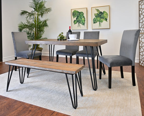 English Elm Ashzo Six Piece Dining Set Hairpin Table Velvet Chairs Bench Rustic Industrial Brown - B T2574S00146