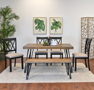 English Elm Arroyo Six Piece Farmhouse Dining Set with Hairpin Legs Cross Back Chairs Bench T2574S00149