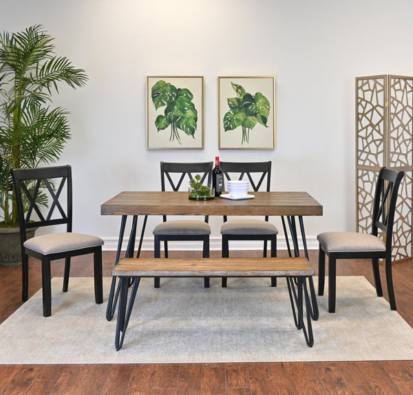 English Elm Arroyo Six Piece Farmhouse Dining Set with Hairpin Legs Cross Back Chairs Bench T2574S00149
