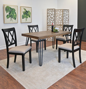 English Elm Arroyo Six Piece Farmhouse Dining Set with Hairpin Legs Cross Back Chairs Bench T2574S00149