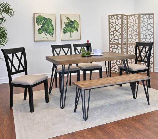 English Elm Arroyo Six Piece Farmhouse Dining Set with Hairpin Legs Cross Back Chairs Bench T2574S00149