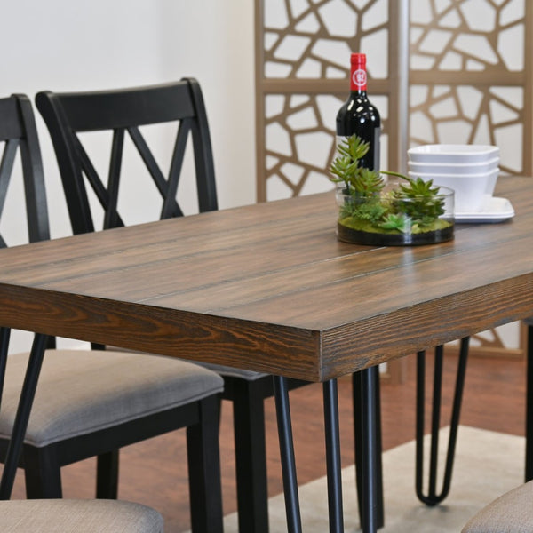 English Elm Arroyo Six Piece Farmhouse Dining Set with Hairpin Legs Cross Back Chairs Bench T2574S00149