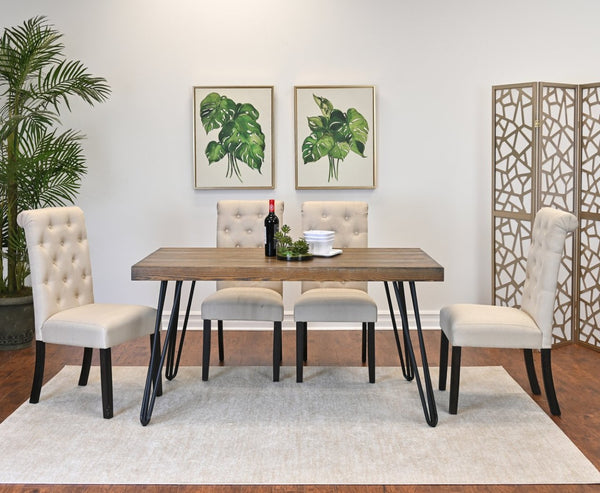 English Elm Ashford Industrial Hairpin Leg Dining Set Tufted Upholstered Chairs Rustic Wood Table Brown - D T2574S00153