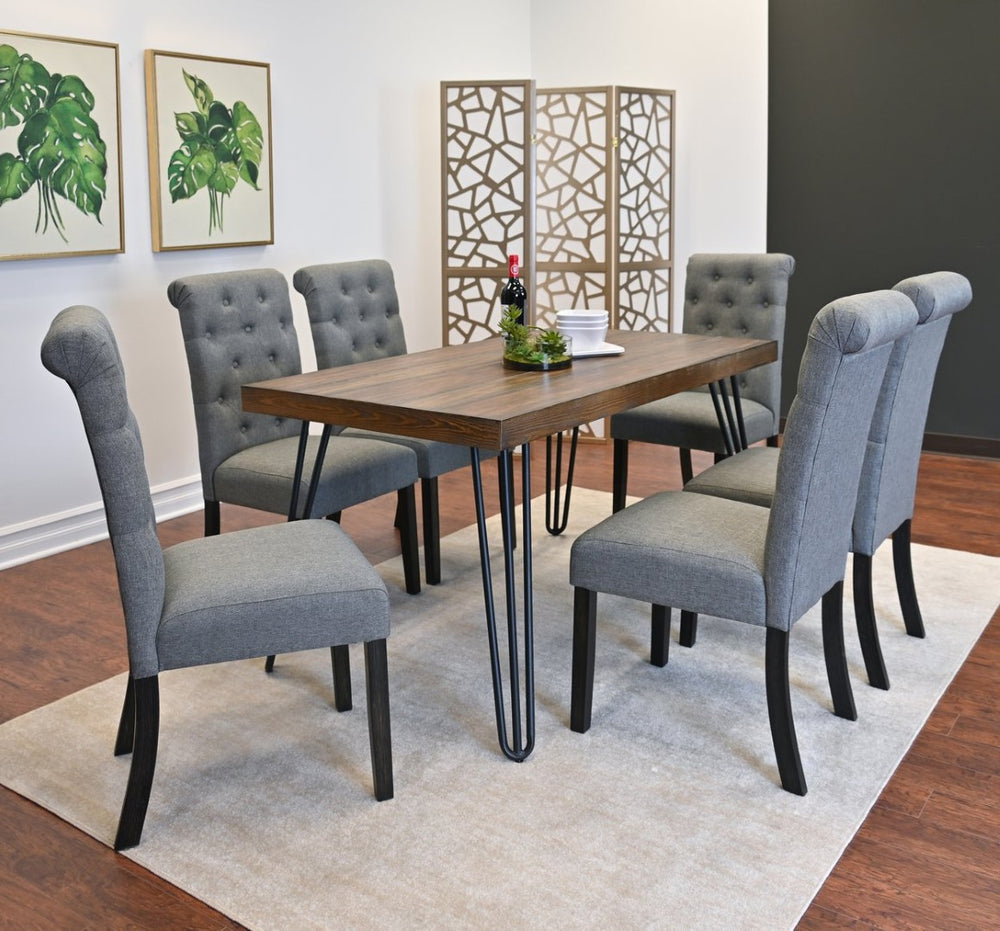 English Elm Ashford 7 Piece Hairpin Leg Dining Set with Tufted Upholstered Chairs Dark Pine T2574S00155