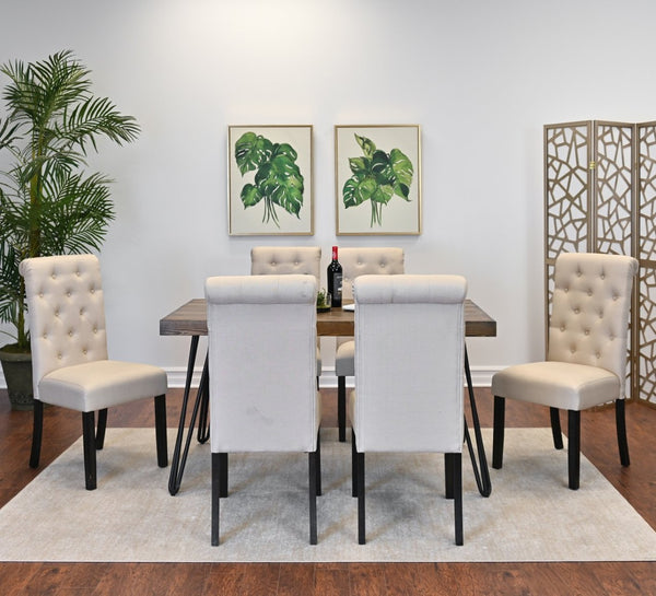 English Elm Ashford Mid-Century Hairpin Dining Set with Six Tufted High-Back Upholstered Chairs T2574S00157