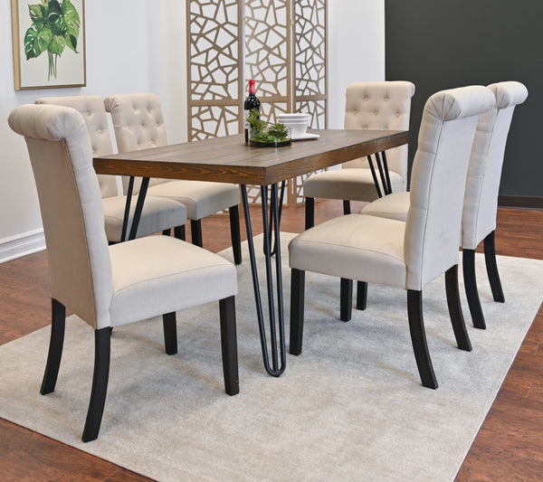 English Elm Ashford Mid-Century Hairpin Dining Set with Six Tufted High-Back Upholstered Chairs T2574S00157