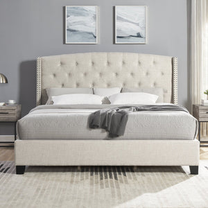 English Elm Nantarre Wingback Queen Bed Linen Upholstery Tufted Headboard Nailhead Trim Bedroom T2574S00166