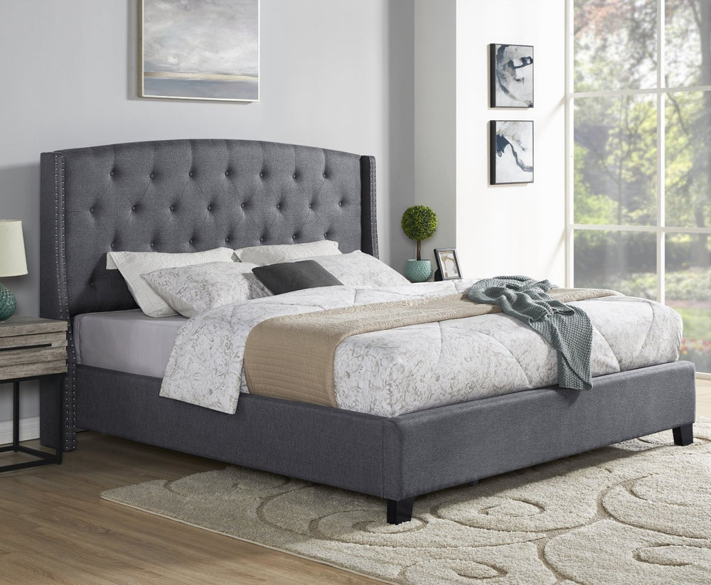 English Elm Nantarre Wingback Upholstered Queen Bed Linen Fabric Tufted Headboard Nailhead Trim T2574S00169