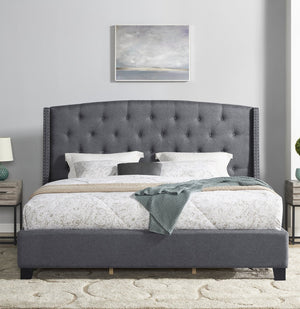 English Elm Nantarre Wingback Upholstered Queen Bed Linen Fabric Tufted Headboard Nailhead Trim T2574S00169