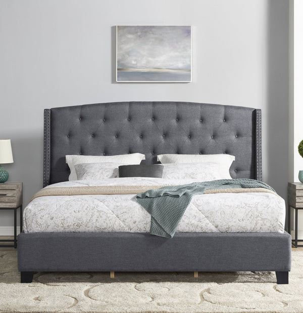 English Elm Nantarre Wingback Upholstered Queen Bed Linen Fabric Tufted Headboard Nailhead Trim T2574S00169