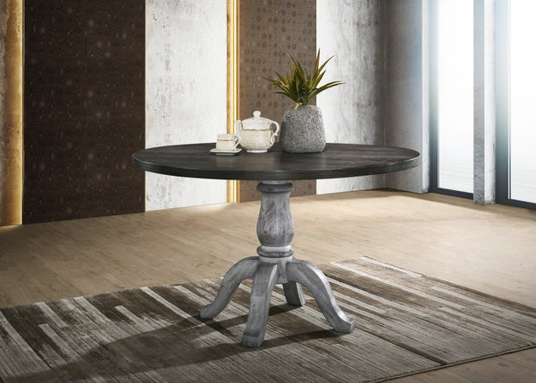 English Elm Iris Turned Pedestal Round Dining Table Seats Four with Two-tone Farmhouse Wood Finish T2574S00178
