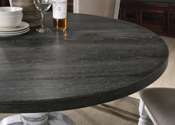 English Elm Iris Turned Pedestal Round Dining Table Seats Four with Two-tone Farmhouse Wood Finish T2574S00178