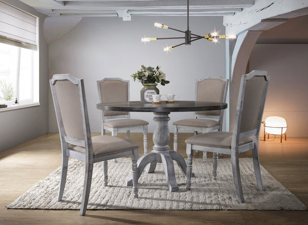 English Elm Iris Round Pedestal Farmhouse Dining Set with Upholstered Chairs Weathered Finish T2574S00179
