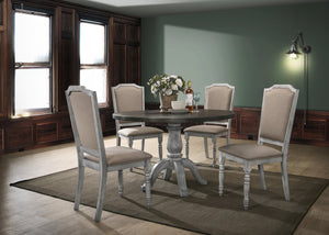 English Elm Iris Round Pedestal Farmhouse Dining Set with Upholstered Chairs Weathered Finish T2574S00179