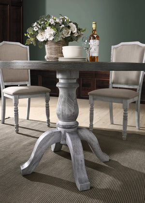 English Elm Iris Round Pedestal Farmhouse Dining Set with Upholstered Chairs Weathered Finish T2574S00179